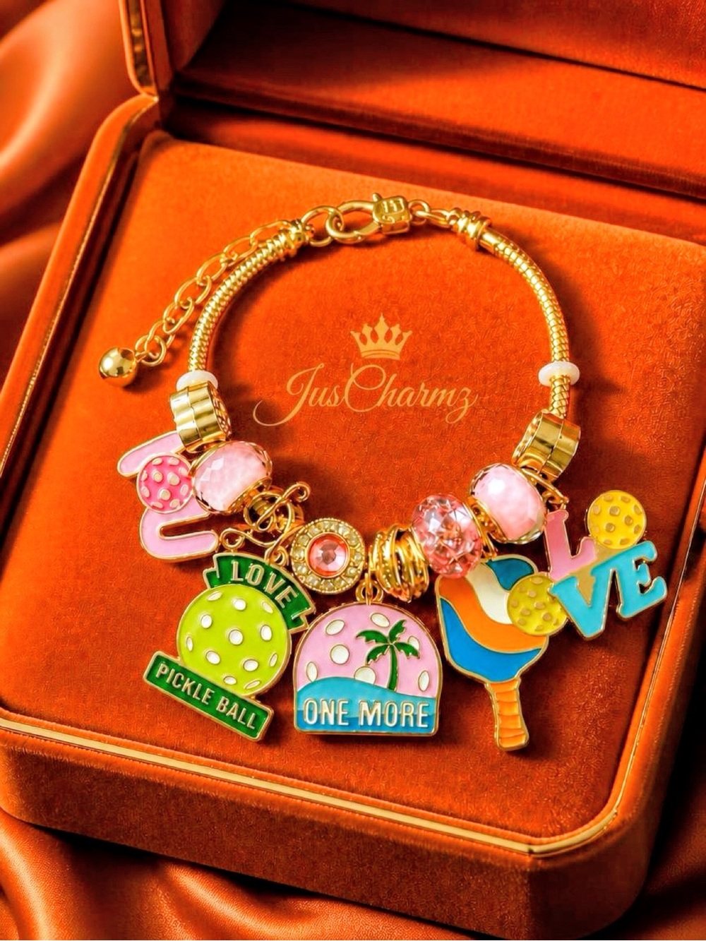 Gold-Tone Pink & Multicolor Pickleball Charm Bracelet